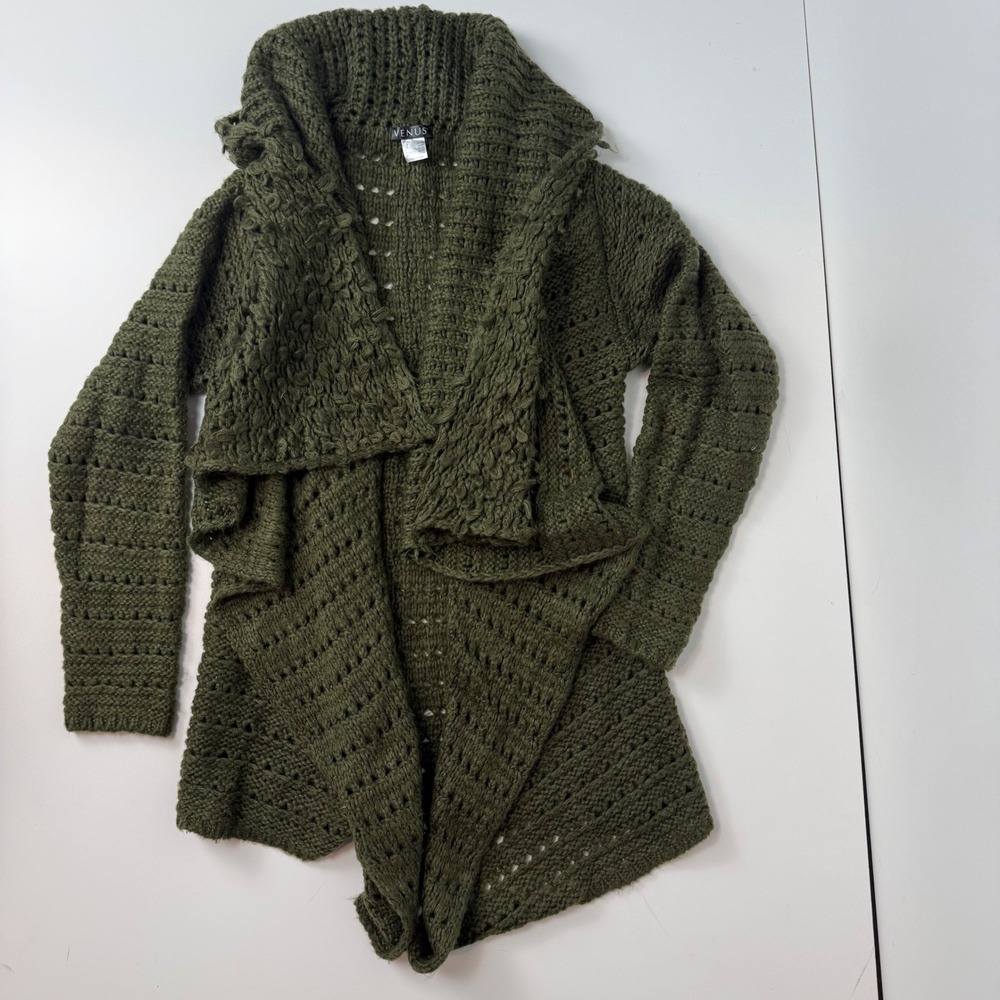 Venus Olive Green Chunky Knit Waterfall Cardigan Open Front Sweater Womens L